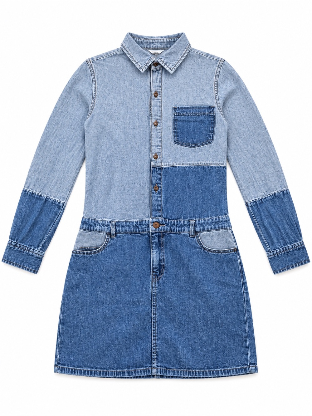 CURRENT ELLIOTT PATCHWORK UTILITY DENIM SHIRT DRESS WOMENS SIZE 1 BLUE TWO TONE